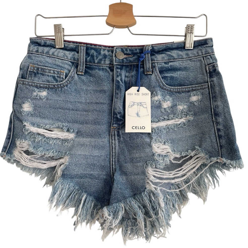 Cello High Rise Denim Shorts Size M NWT Distressed Fringe Mini Micro